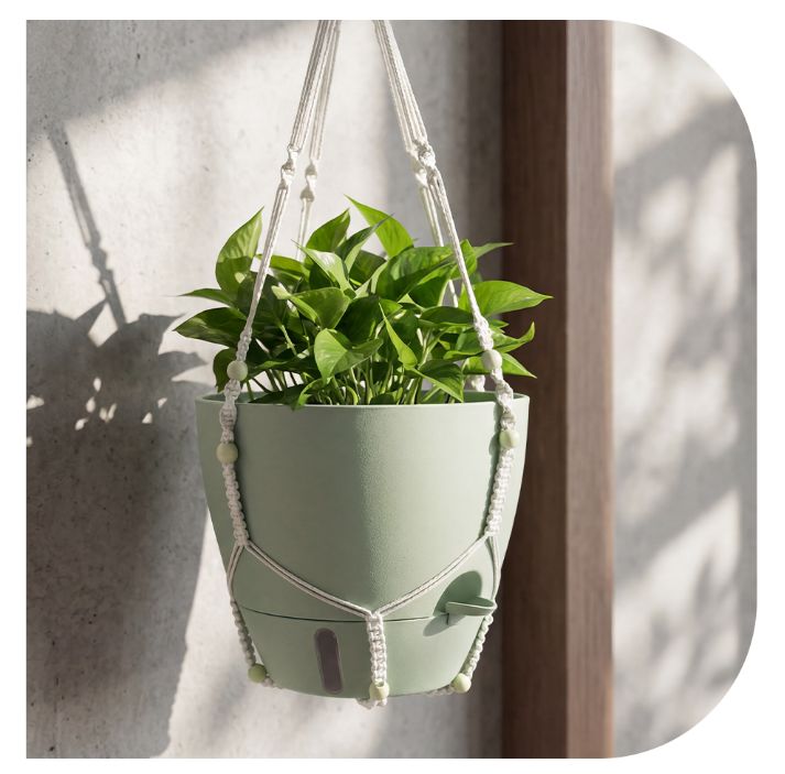 Outdoor balcony setup with hanging flower pots